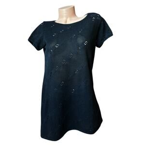 Dotti womens S / M / L Black Mesh Mini Dress 90s Eyelet Laser-cut Openwork Tunic